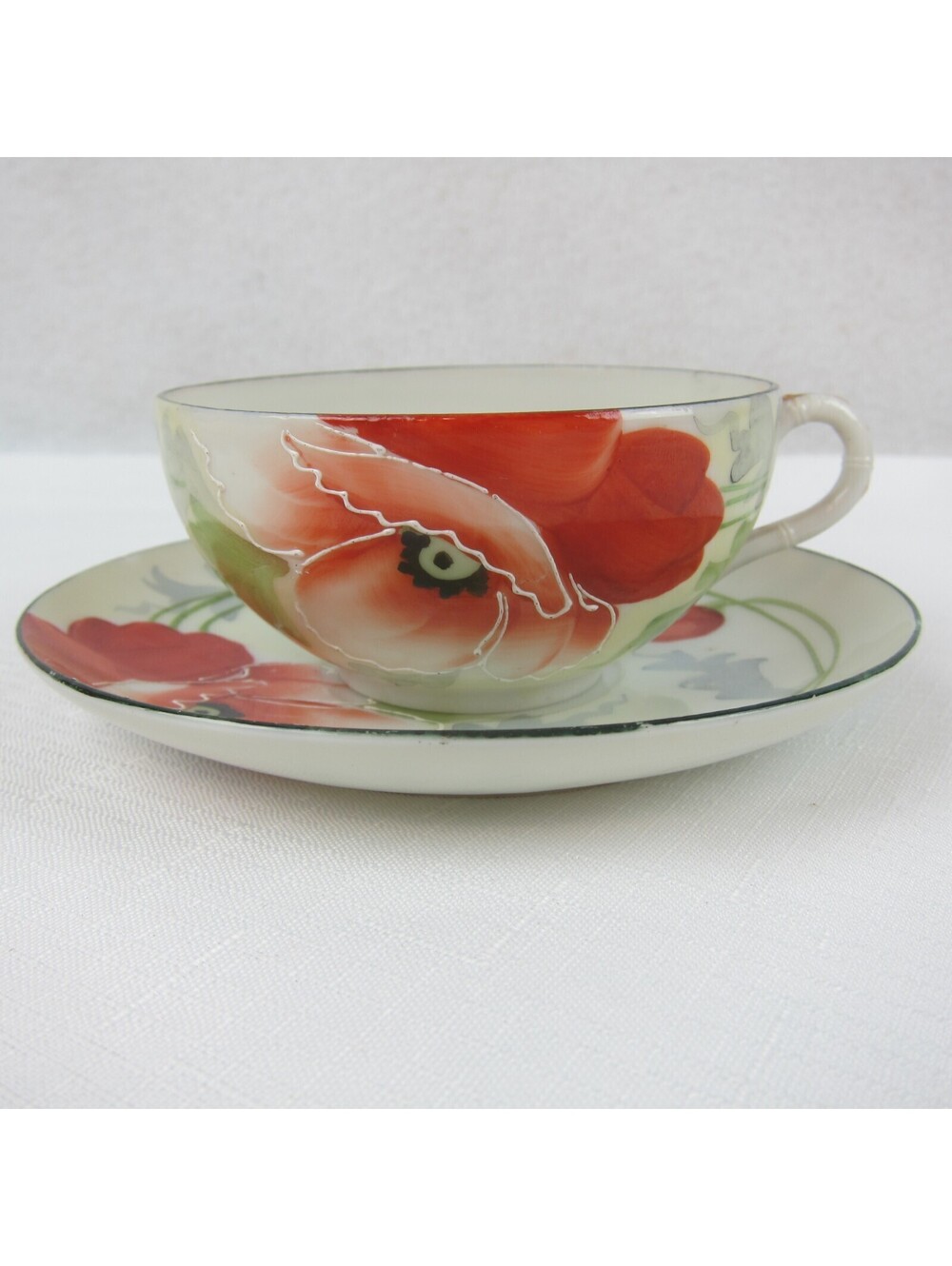 Antique Te-Oh Nippon Porcelain Tea Cup & Saucer Set Poppy Flower RARE